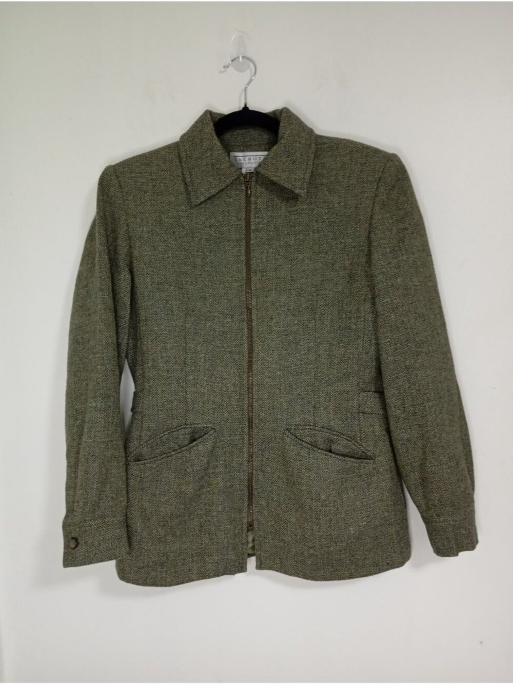 Vintage Talbots Collection Herringbone Jacket 100% Wool Sz 8 Green Zip Front